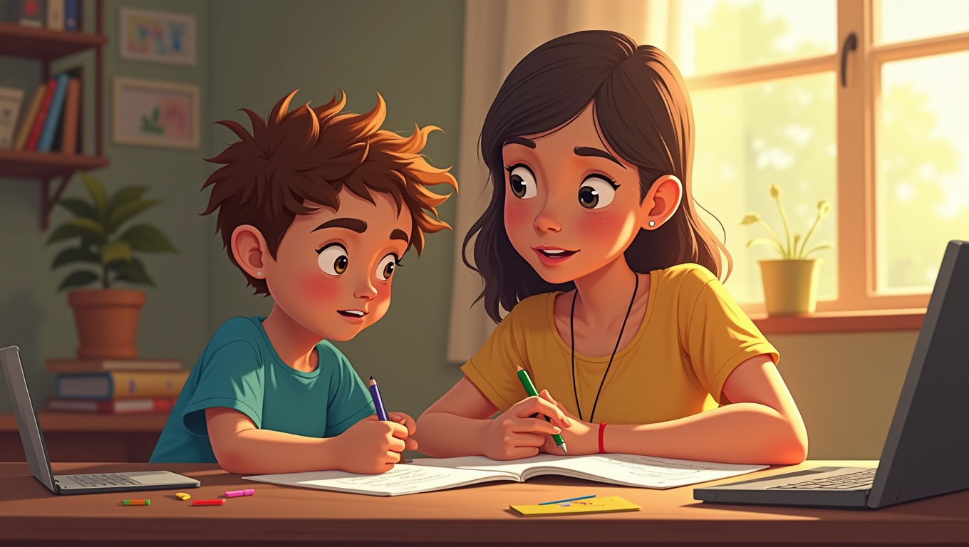 mother helping a child who is having learning disability