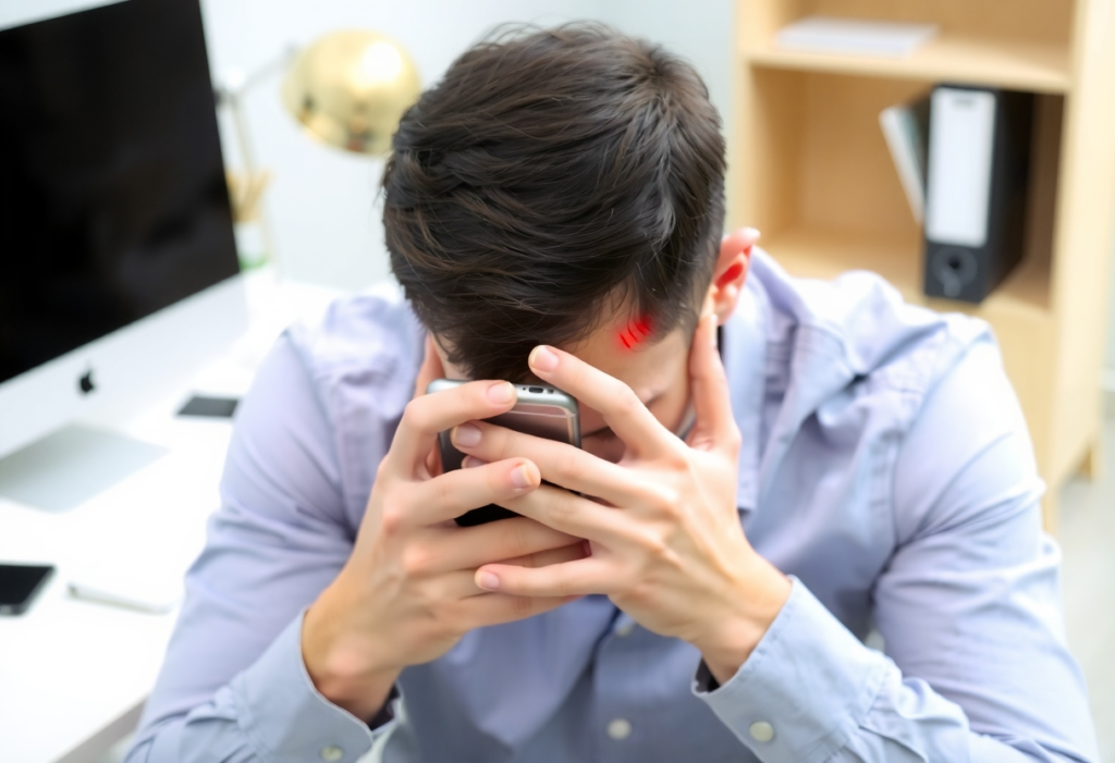 Boy feeling fatigue due longer use of mobile which show "bad effects of mobile phones on students