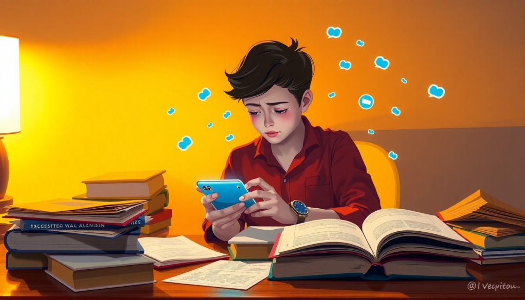 This shows the bad effects of mobile phones on students as boy busy in mobile massage rather than study
