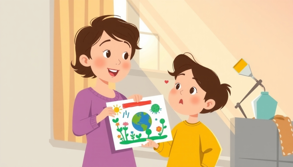 Mother praising child for his effort and part of " how to build confidence in children" lesson